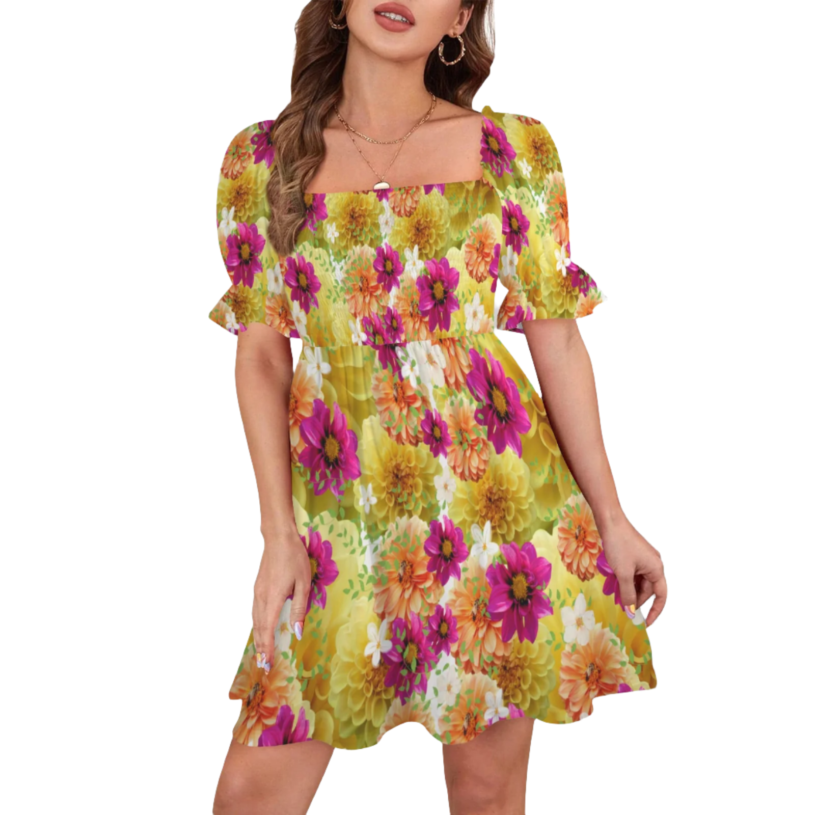 Graphic Dahlias 2 Ruffles Square Neck Dress up to 5 XL (FWS)