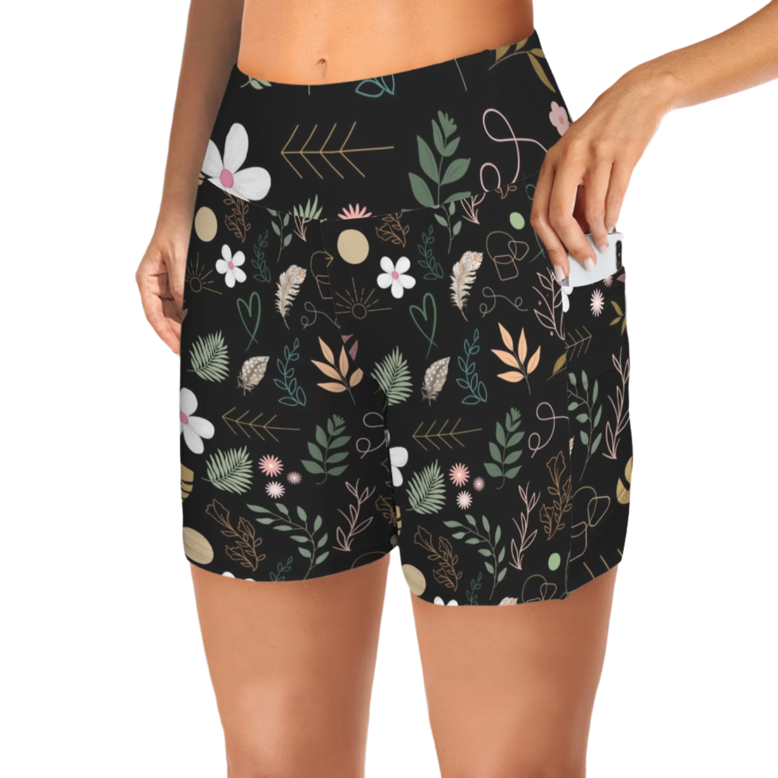 Boho Black Yoga Shorts with Pockets up to 5 XL (FWS)