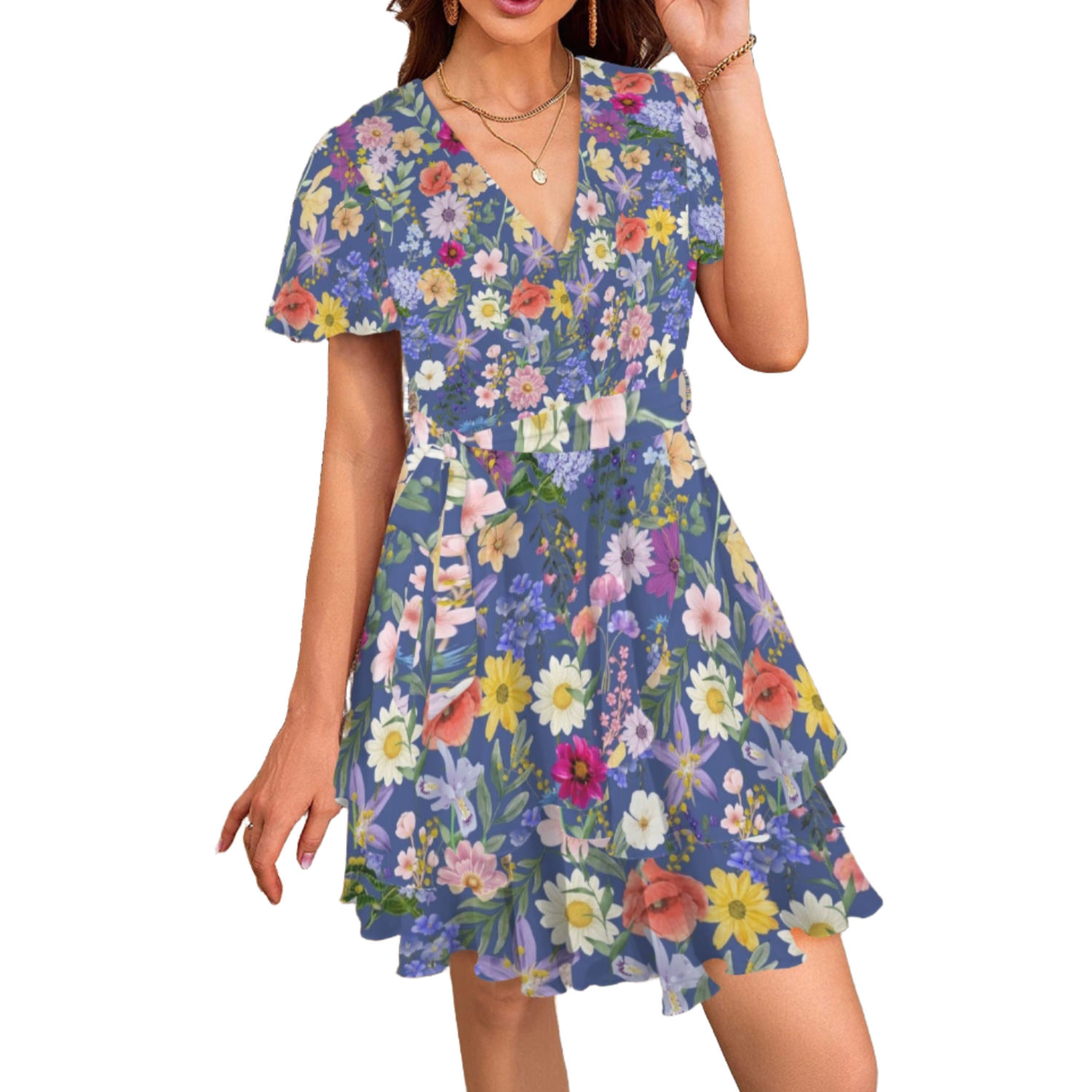 Blue Colourful Floral Double Ruffle Hem Dress up to 5 XL (FWS)