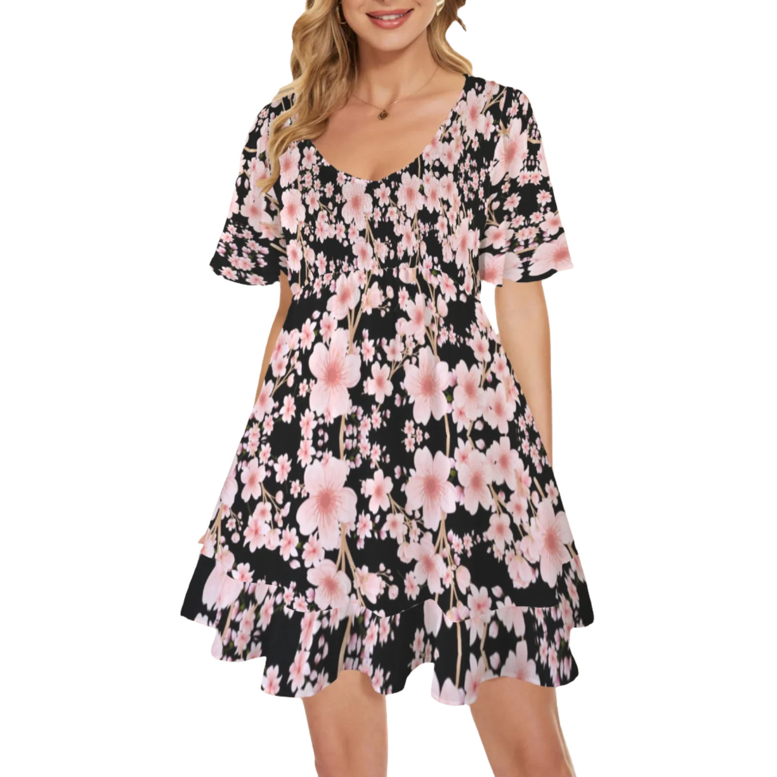 Japanese Pink Flowers Dark V Neck Flutter Sleeves Dress up to 5 XL (FWS)