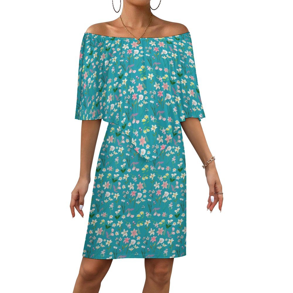 Graphic Lillies Teal Off Shoulder Dress up to 4 XL (FWS)