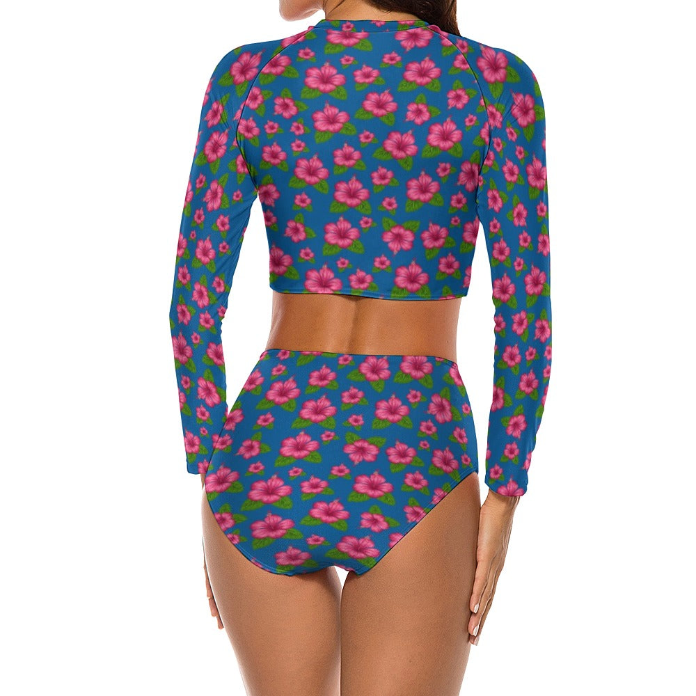 Graphic Pink Hibiscus Blue Long Sleeve Surfing Swimsuit