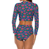 Graphic Pink Hibiscus Blue Long Sleeve Surfing Swimsuit