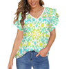 Yellow Aqua Spots V Neck Ruffle Sleeve Top up to 5 XL (FWS)