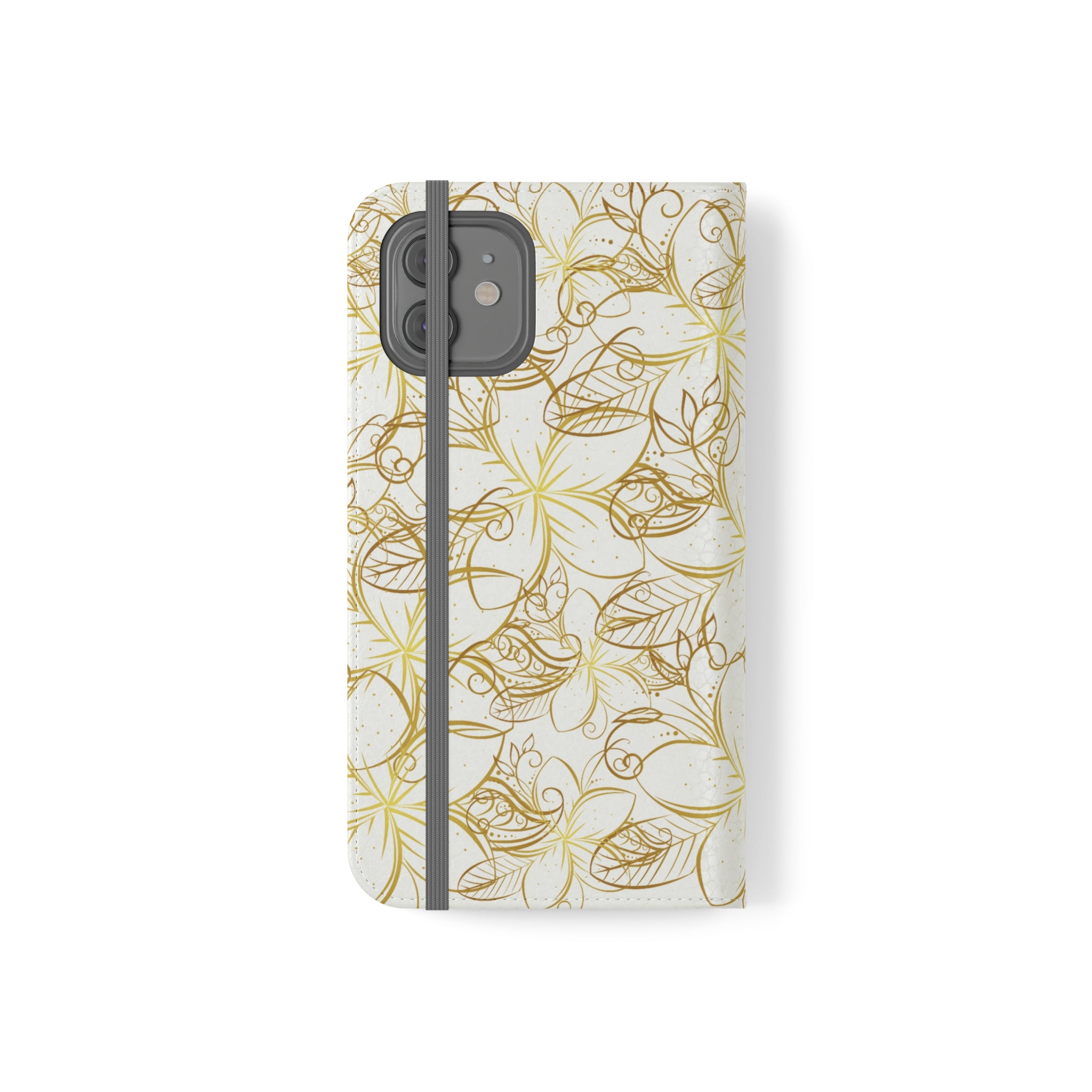 Golden Frangipanis White Wallet Style Phone Case Vegan Leather