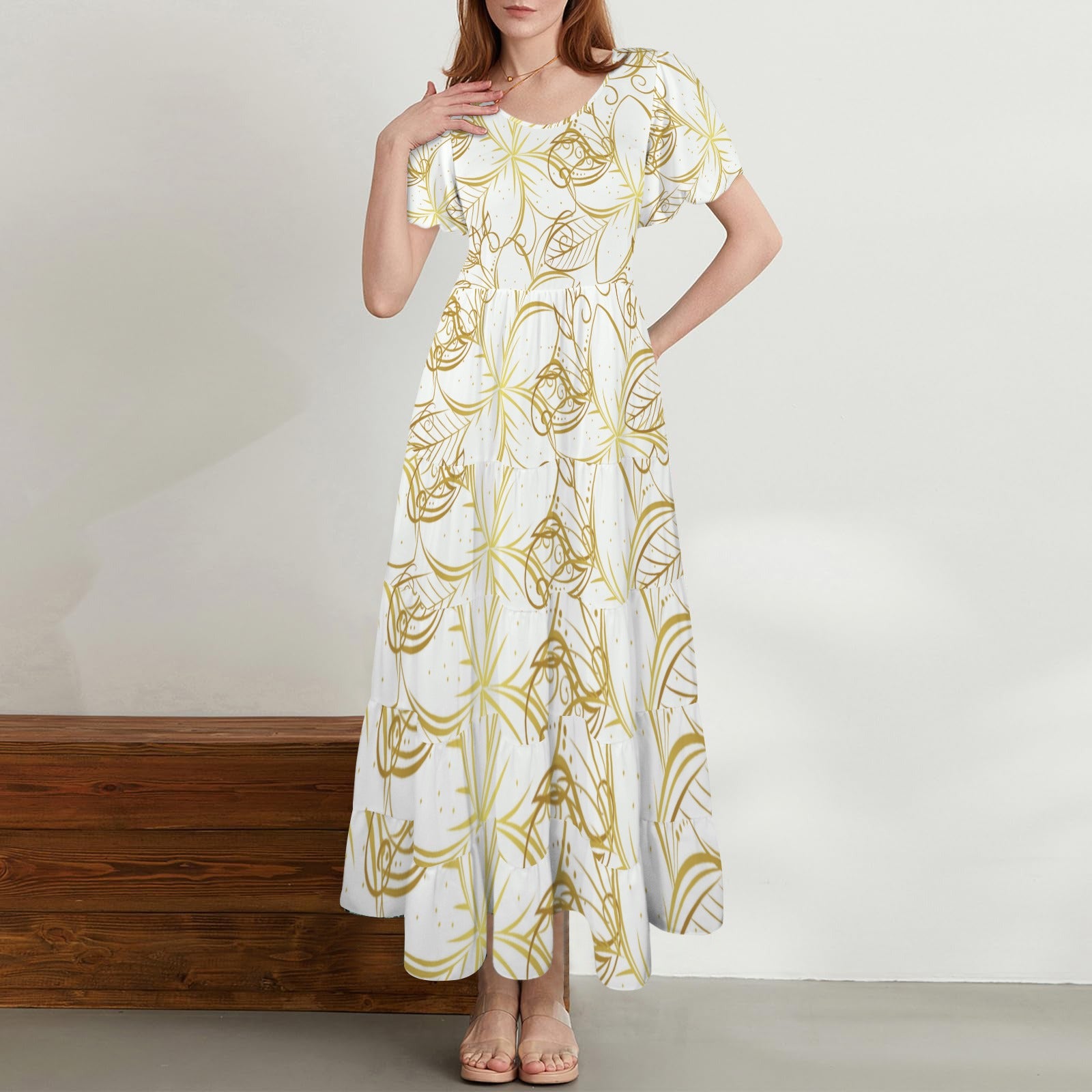 Golden Frangipani White Round Neck Maxi Dress up to 5 XL (FWS)