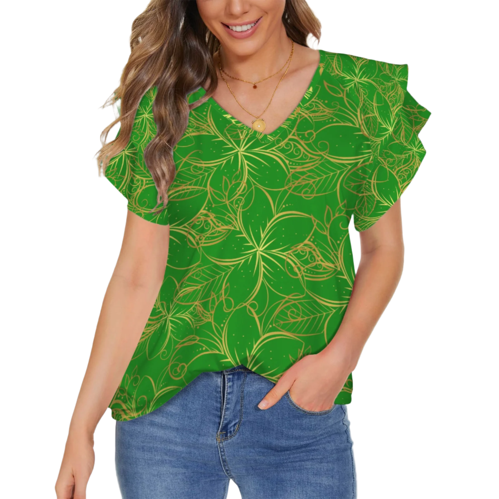 Golden Frangipani Green V Neck Double Ruffle Sleeve Top up to 5 XL (FWS)