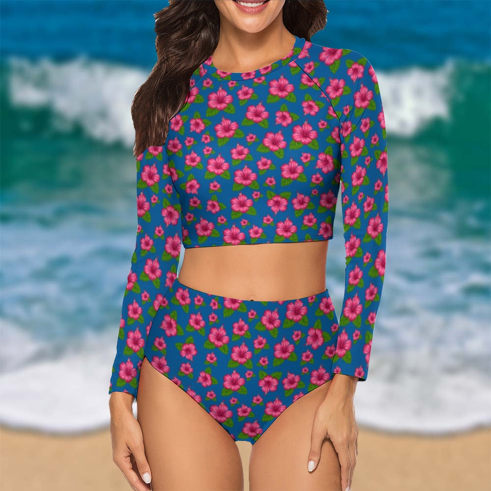 Graphic Pink Hibiscus Blue Long Sleeve Surfing Swimsuit