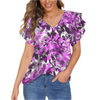 Black & Pink Leaves V Neck Double Ruffle Sleeve Top up to 5 XL (FWS)