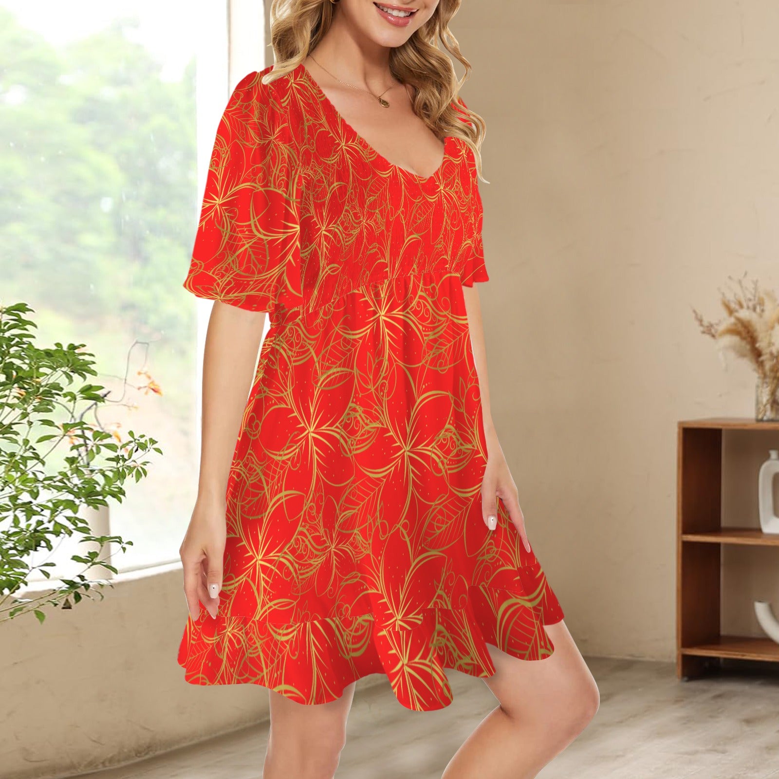 Golden Frangipani Red V Neck Flutter Sleeves Dress up to 5 XL (FWS) 3