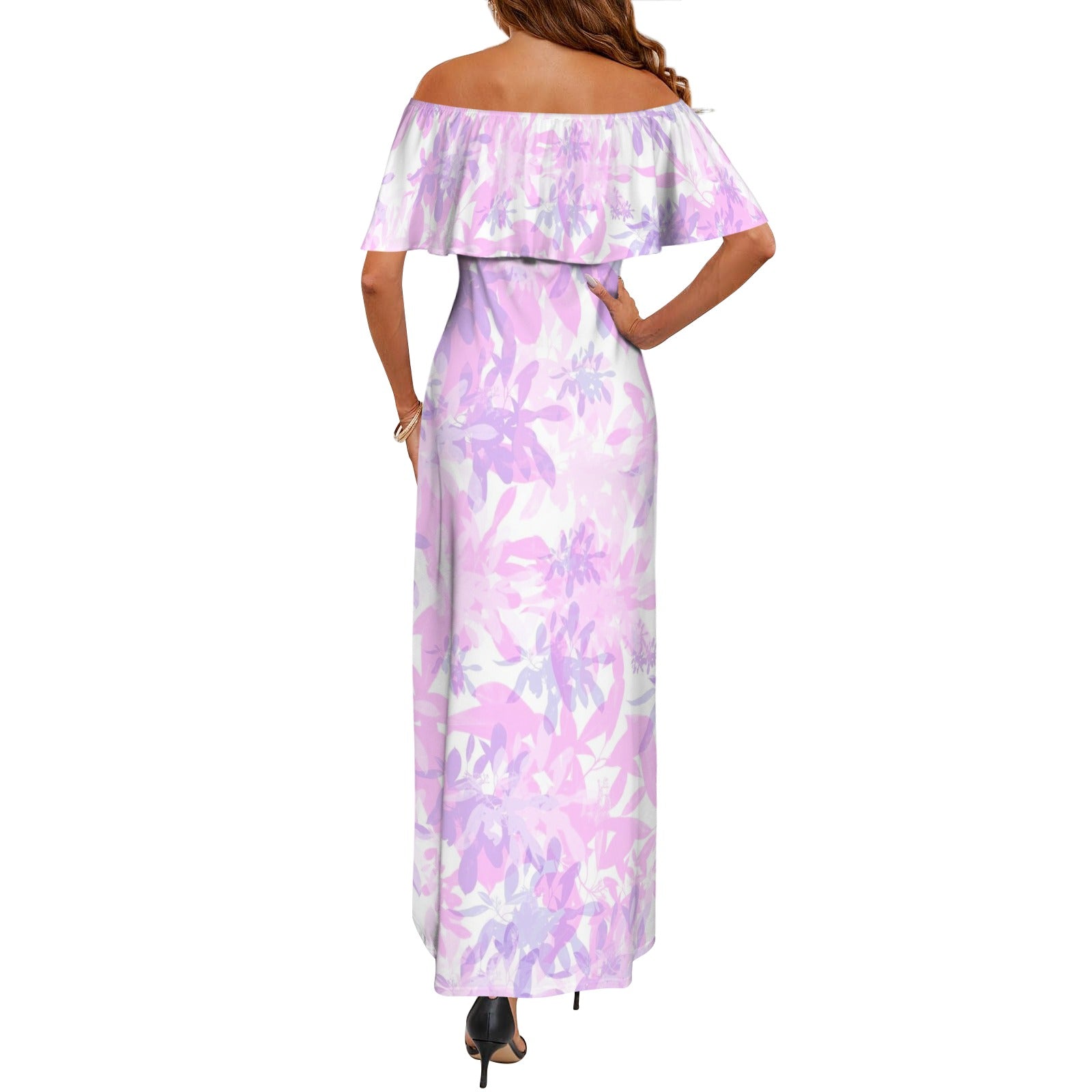 Pink & Purple Leaves Off Shoulder Maxi Dress up to 6 XL (FWS)