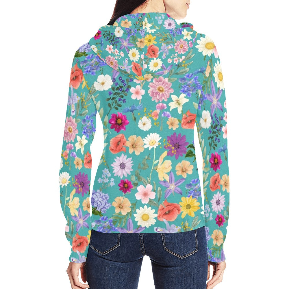 Teal Colourful Floral Full Zip Hoodie up to 2 XL