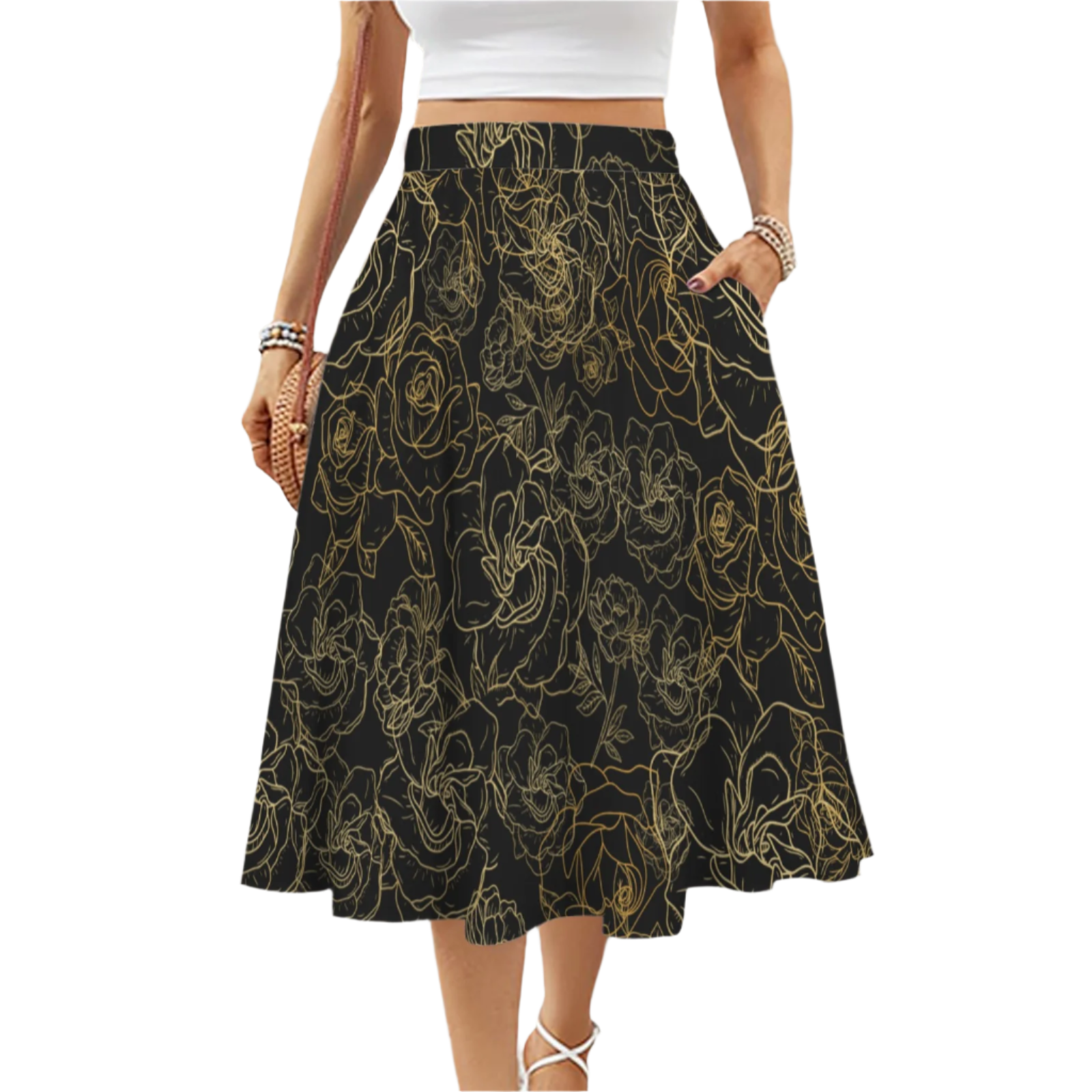 Golden Roses Black Mid Length Skirt with Pockets up to 5 XL (FWS)