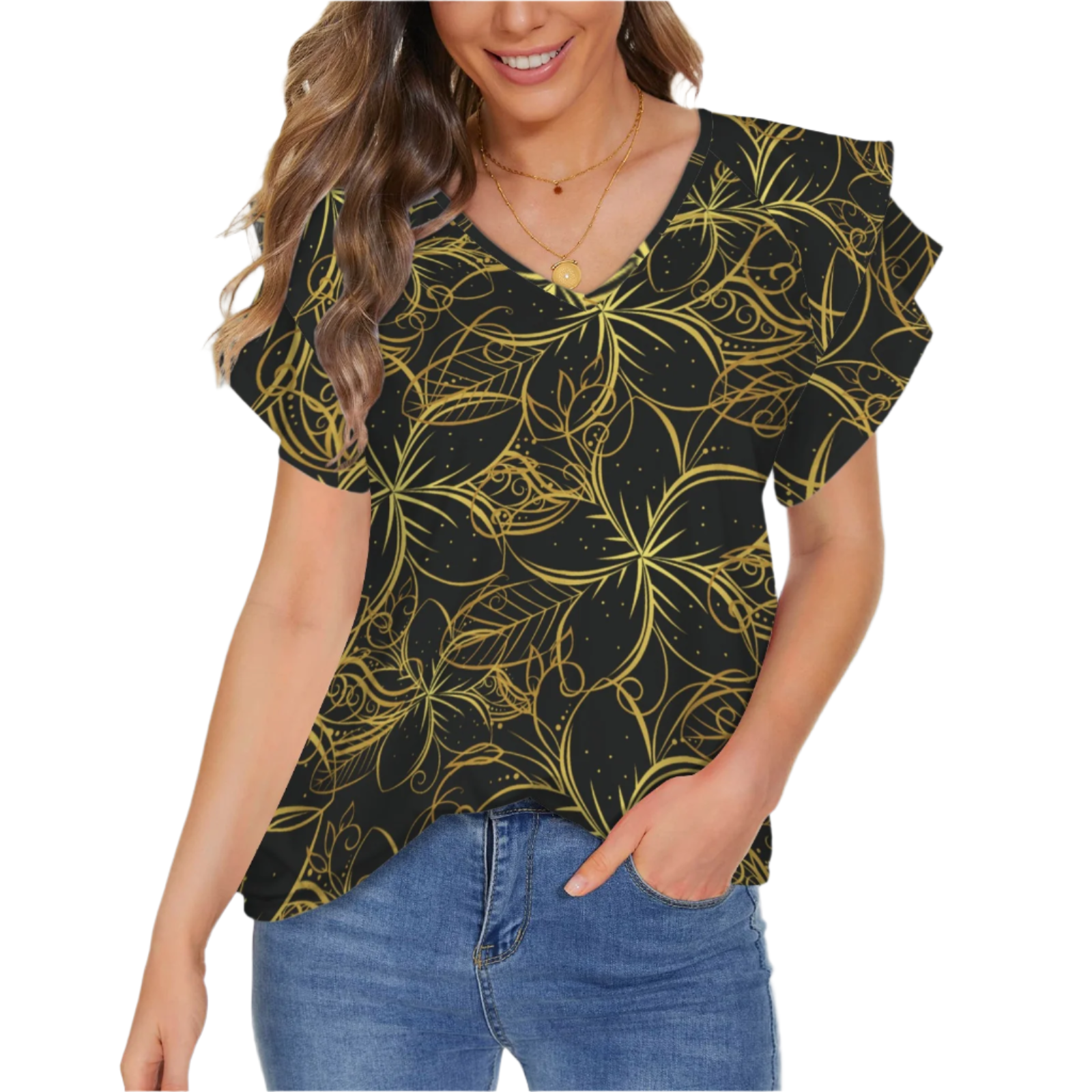 Golden Frangipani Black V Neck Double Ruffle Sleeve Top up to 5 XL (FWS)