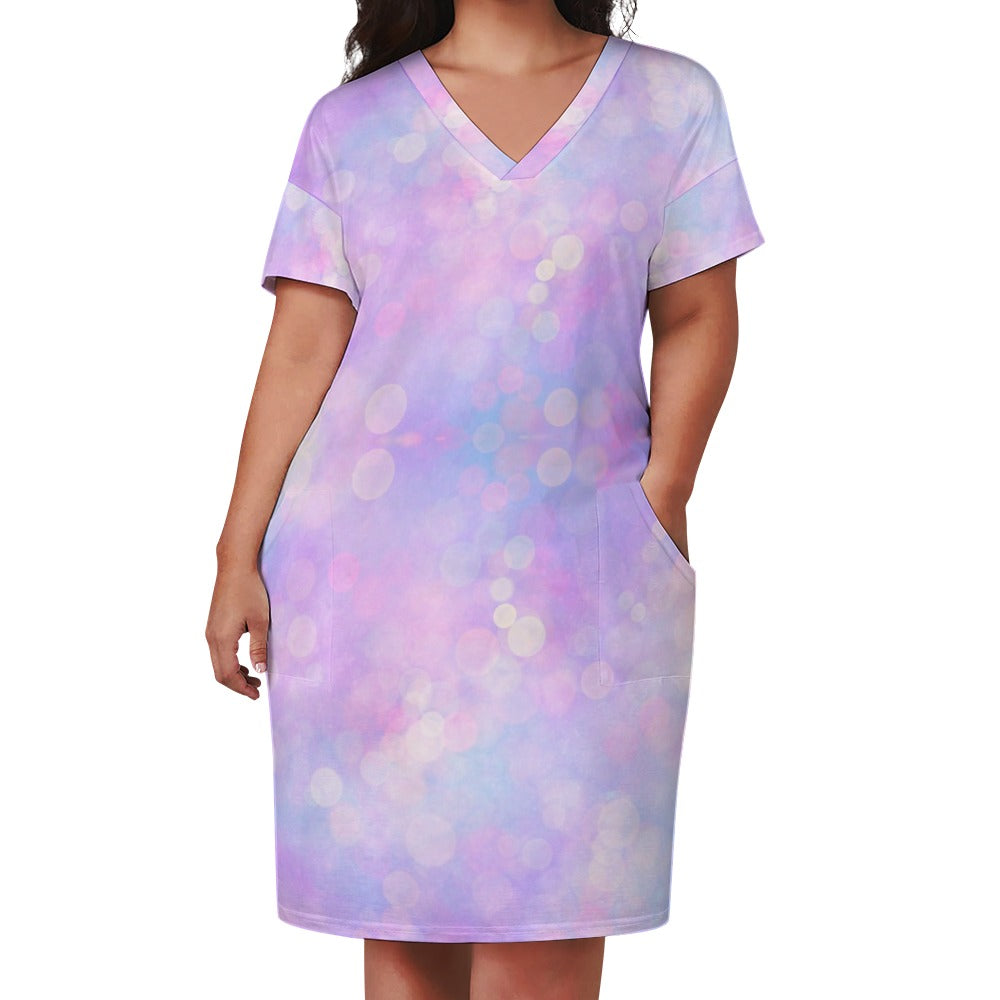 Sunlit Day V Neck Short Sleeves Loose Pocket Dress up to 5 XL (FWS)