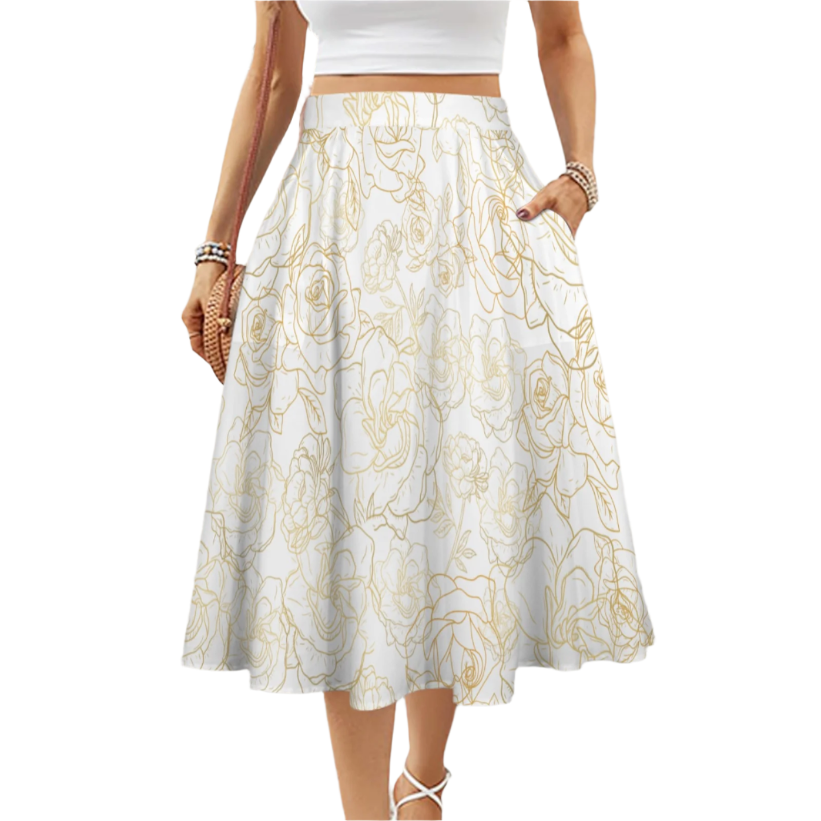 Golden Roses White Mid Length Skirt with Pockets up to 5 XL (FWS)