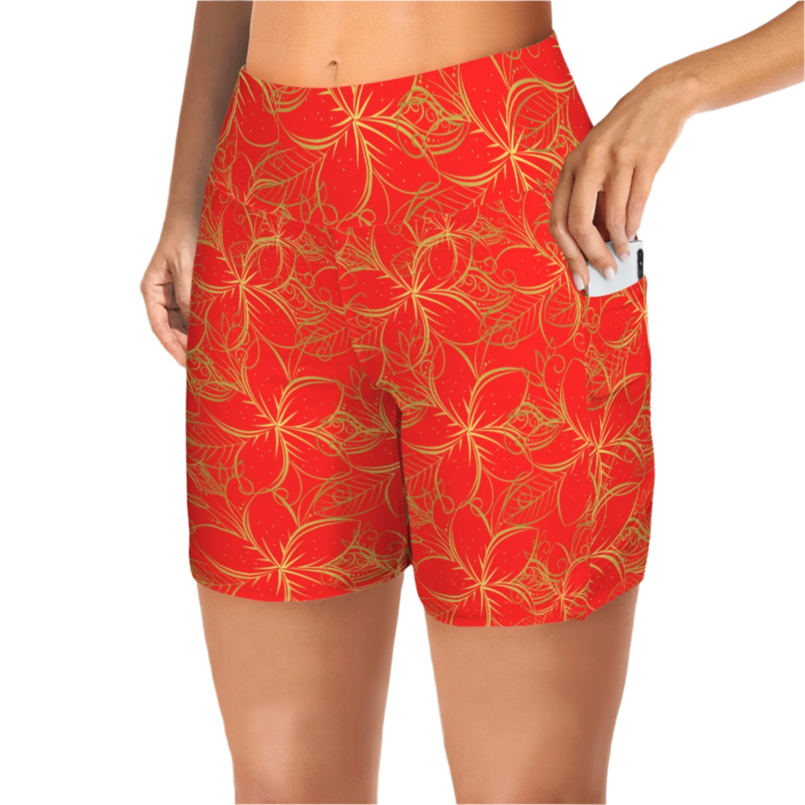 Golden Frangipani Red Yoga Shorts with Pockets up to 5 XL (FWS)