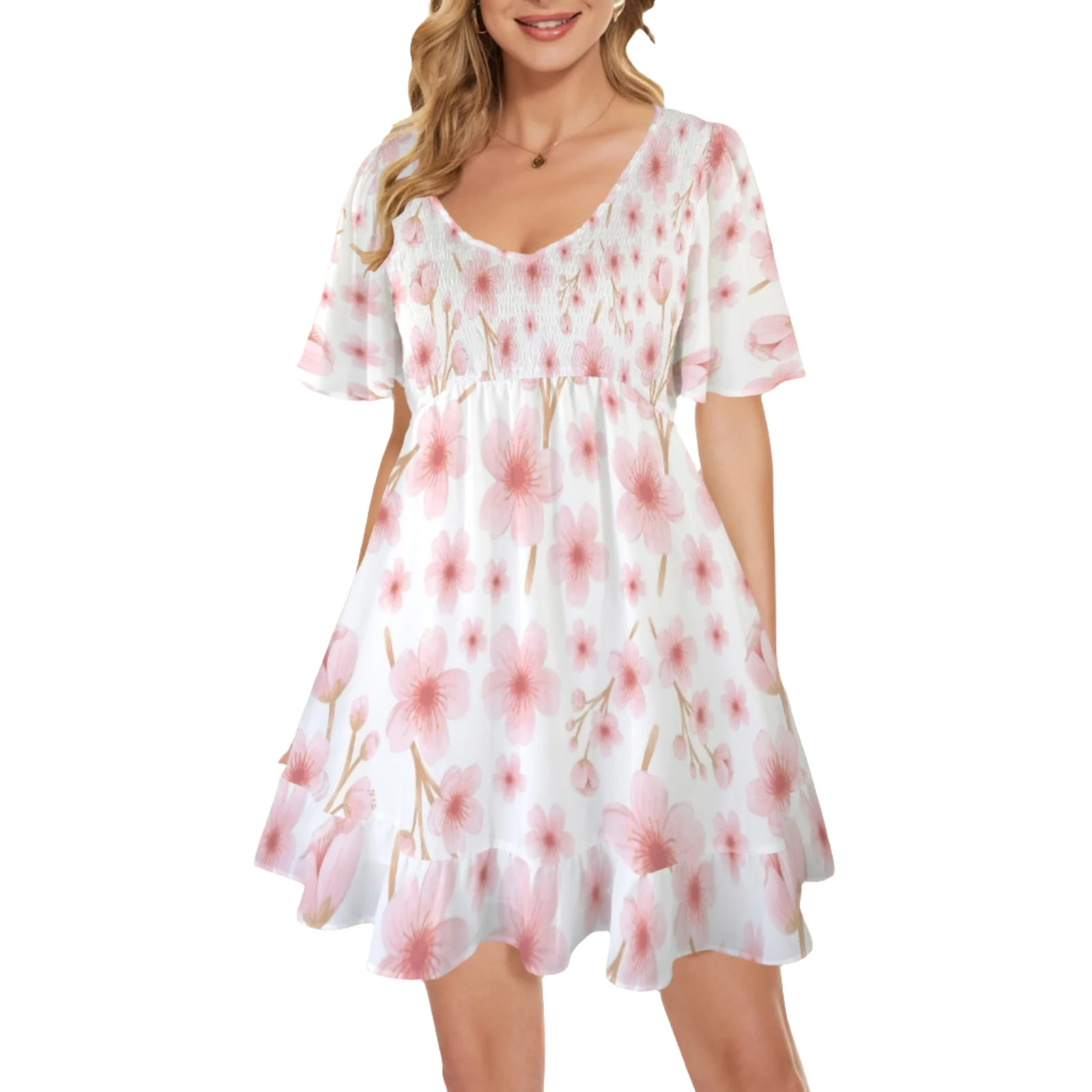 Japanese Pink Flowers White V Neck Flutter Sleeves Dress up to 5 XL (FWS)