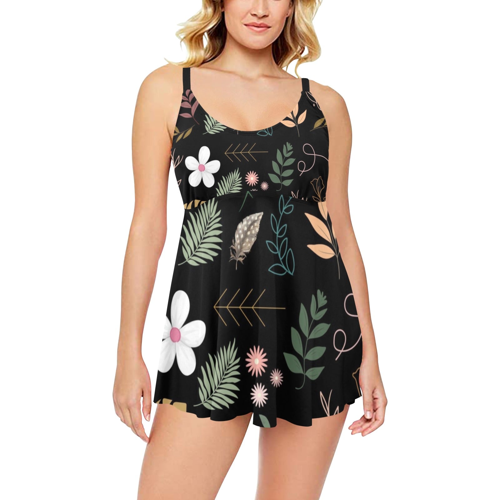 Boho Black Tankini with Shorts up to 5 XL (FWS)