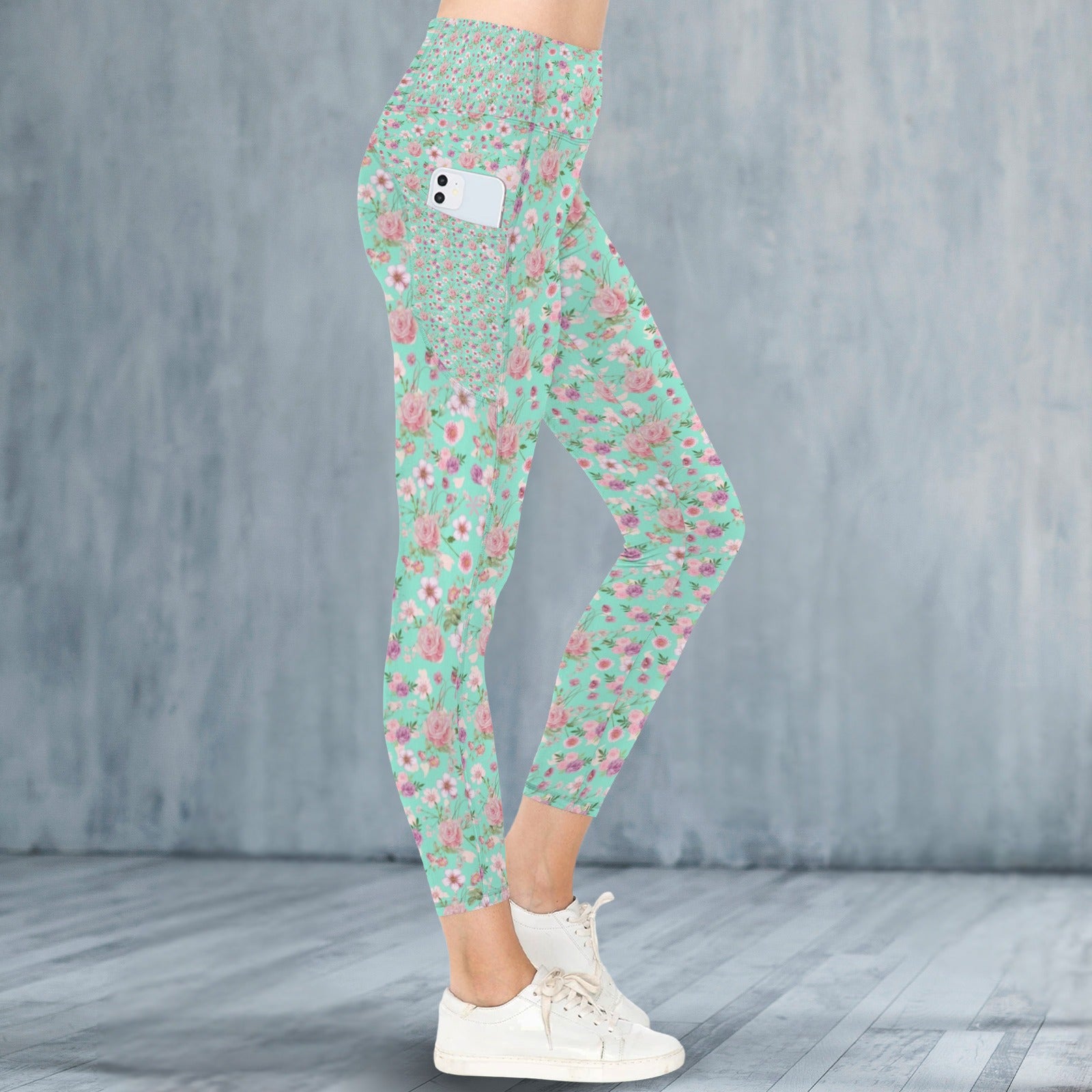 Aqua Floral Leggings with Pockets up to 5 XL 