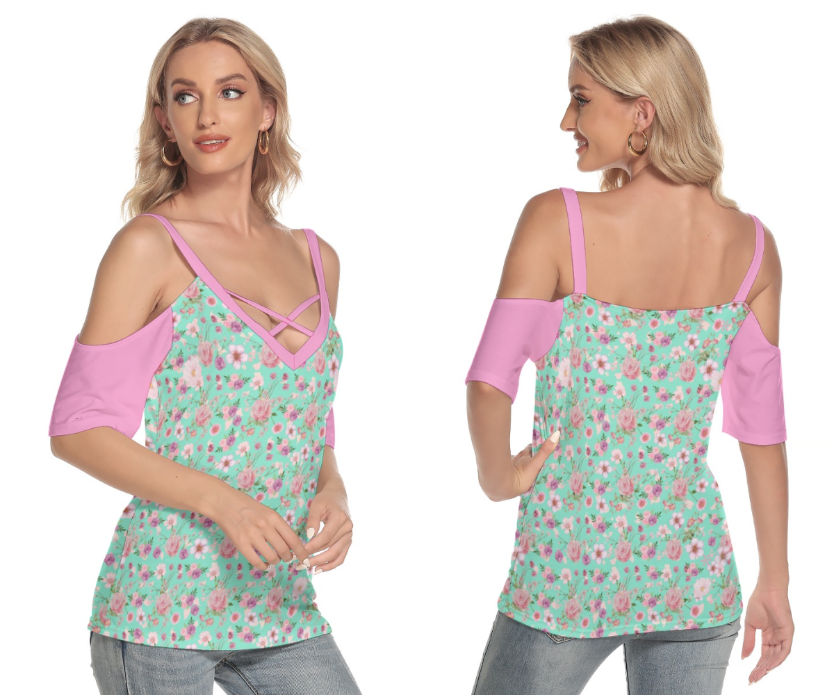 Aqua Floral & Pink Top with Criss Cross Straps up to 4 XL (FWS)