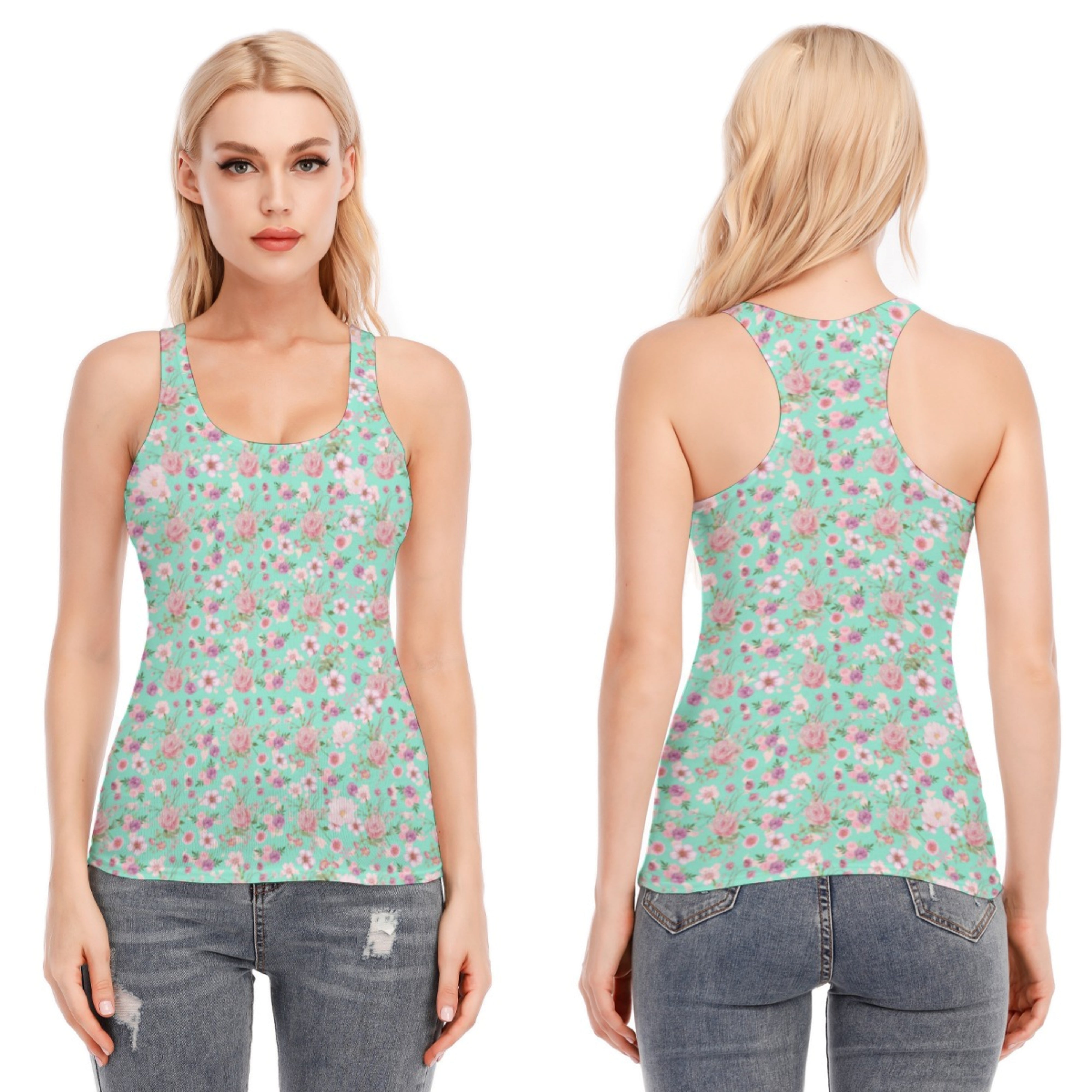 Aqua Floral Racerback Tank Top | 190GSM Cotton up to 3 XL front and back