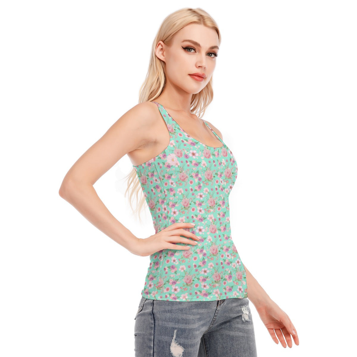 Aqua Floral Racerback Tank Top | 190GSM Cotton up to 3 XL front side