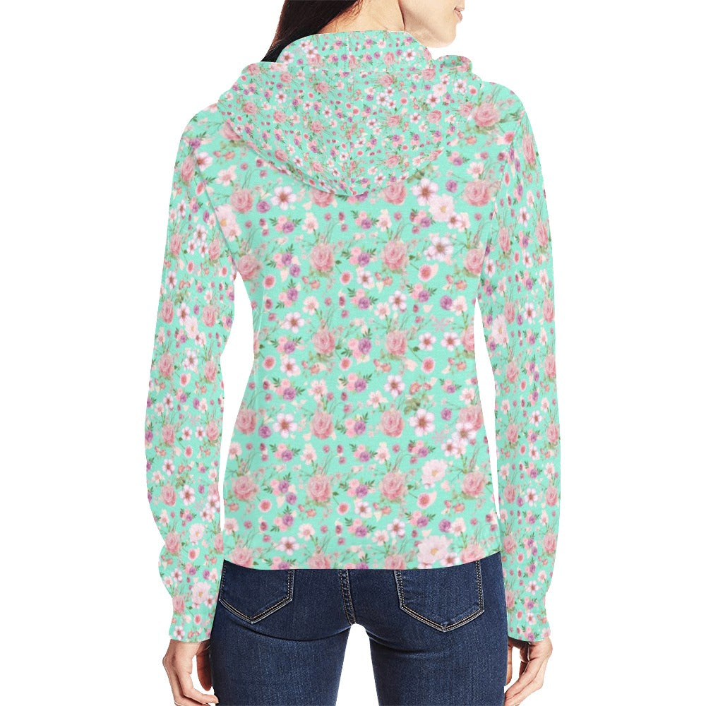 Aqua Floral Women's Full Zip Hoodie up to 2 XL back