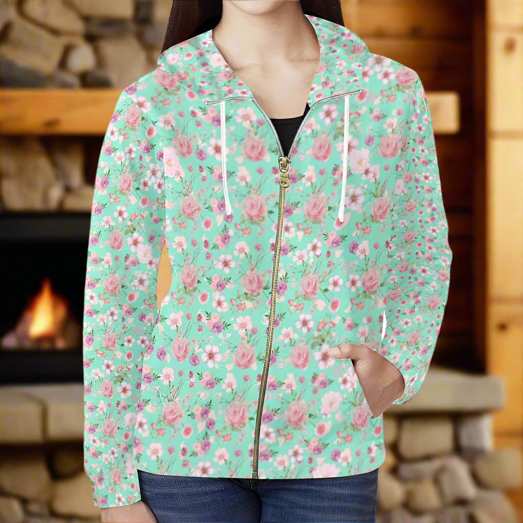 Aqua_Floral_Women_s_Full_Zip_Hoodie_up_to_2_XL fireplace