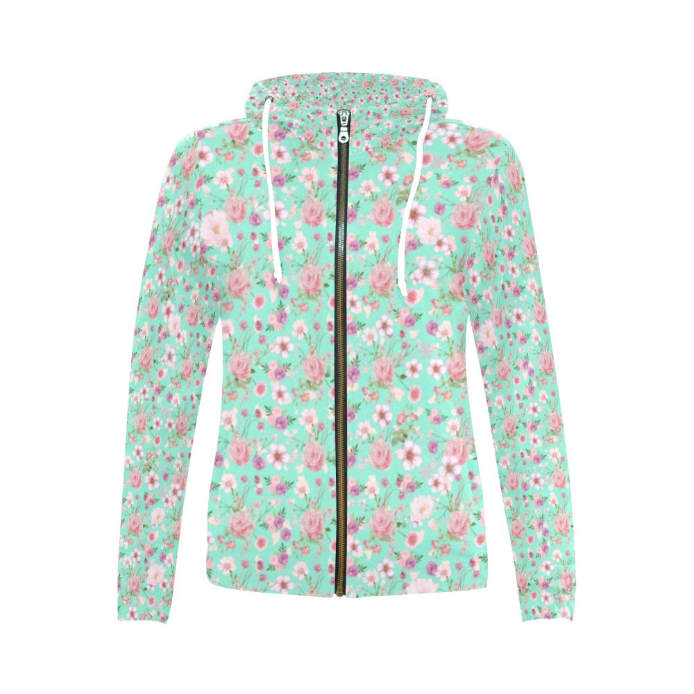 Aqua Floral Women's Full Zip Hoodie up to 2 XL zipped up