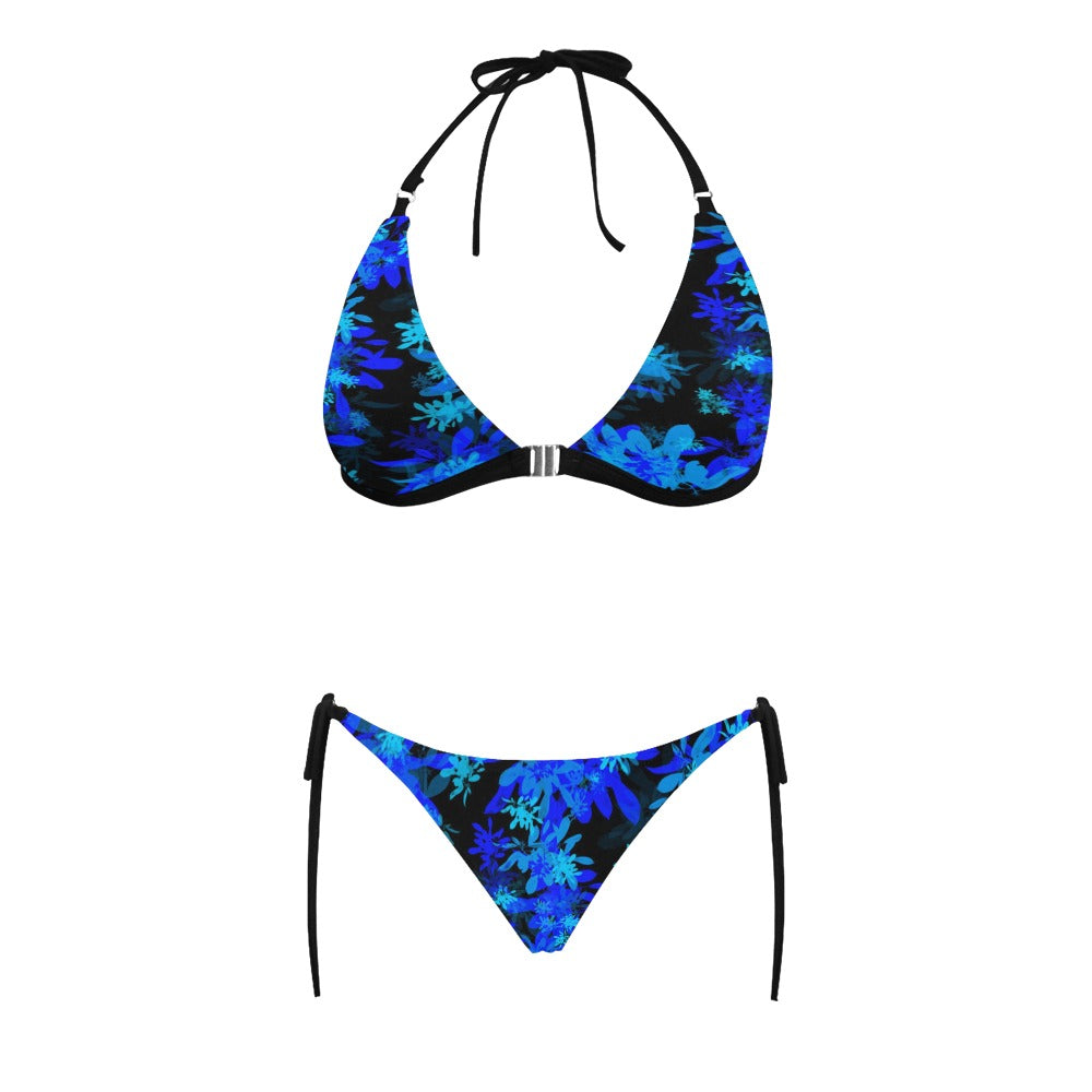 Black & Blue Leaves Halter Neck Bikini with Front Buckle up to 5 XL (FWS) 4