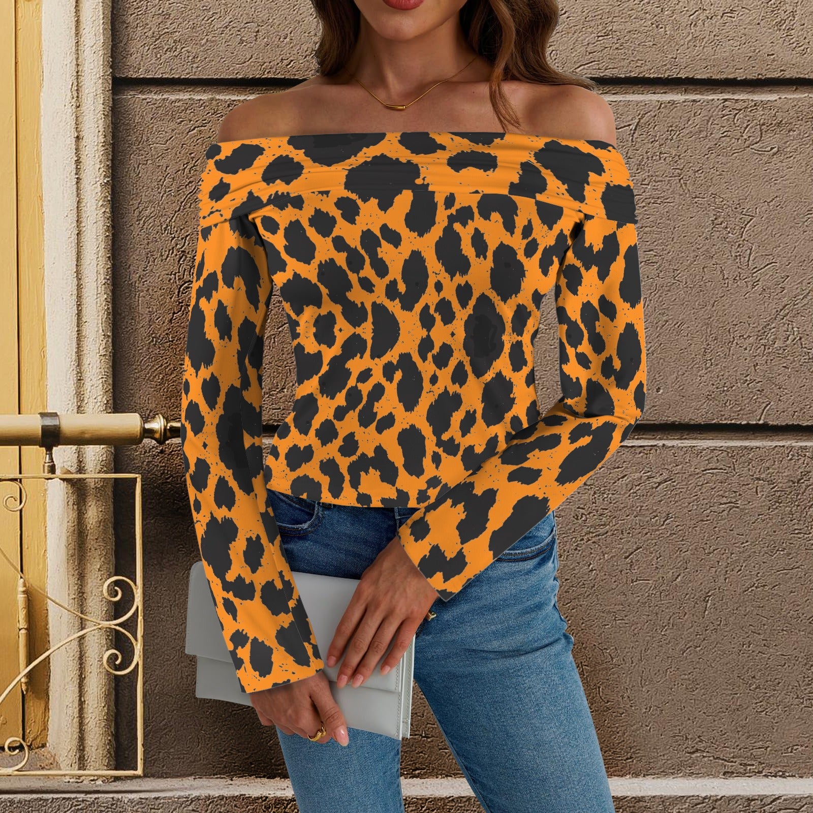 Black Cow Spots Orange Off Shoulder Slim Fit Long Sleeve Top up to 5 XL 1