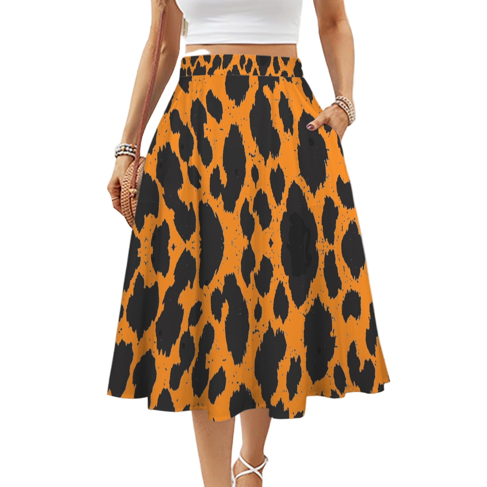 Black Spots Orange Mid Length Skirt with Pockets up to 5 XL (FWS)