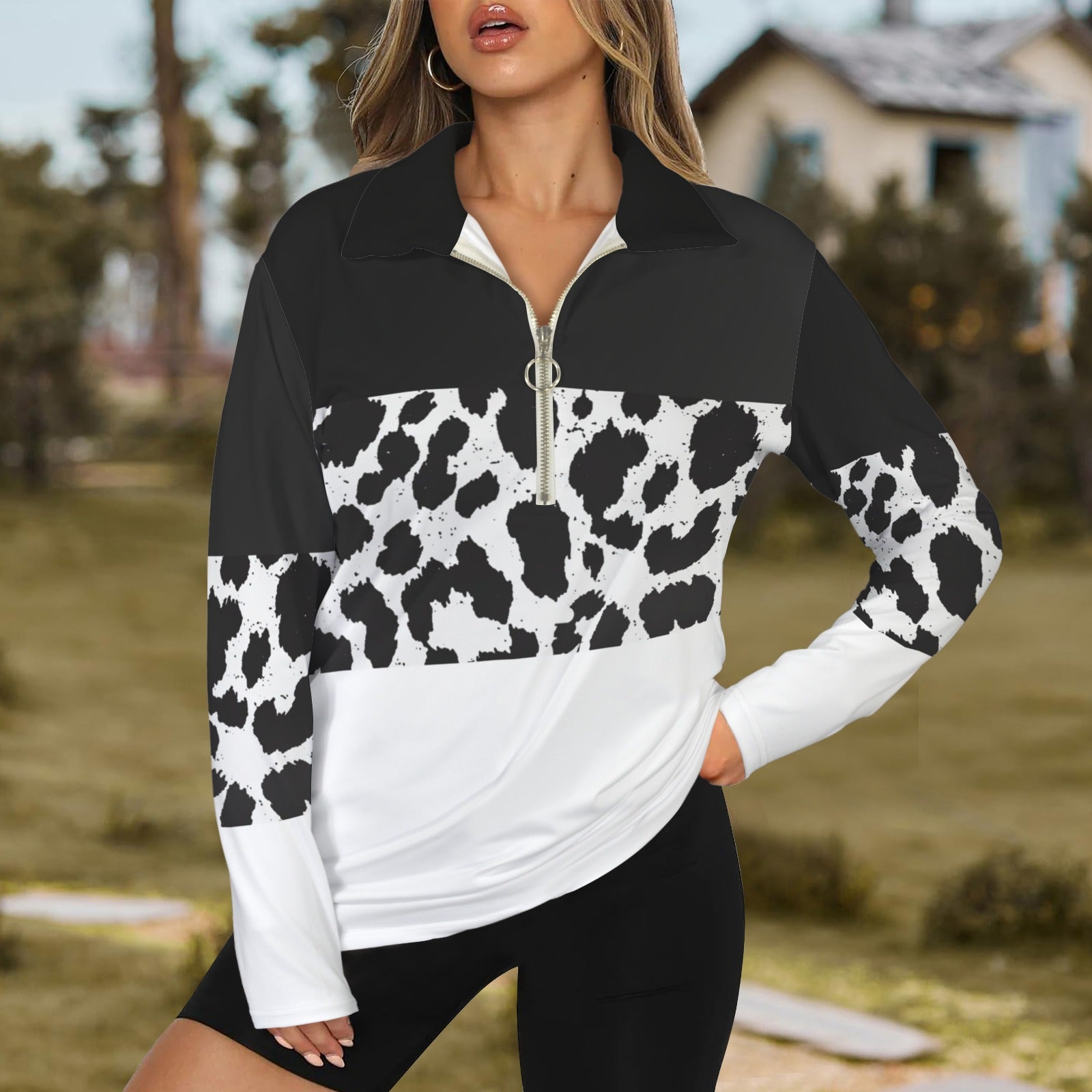 Black & White Cow Stripes Zip Neck Long Sleeve Top up to 5 XL 1
