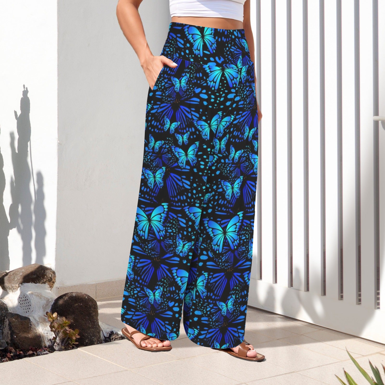Blue Butterflies High Elastic Waist Pants with Wide Legs up to 5 XL 2