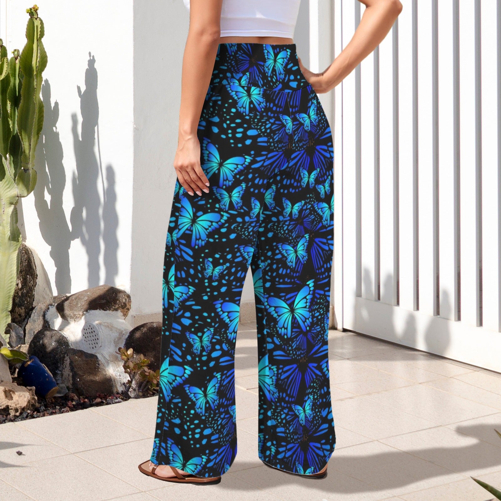 Blue Butterflies High Elastic Waist Pants with Wide Legs up to 5 XL 3