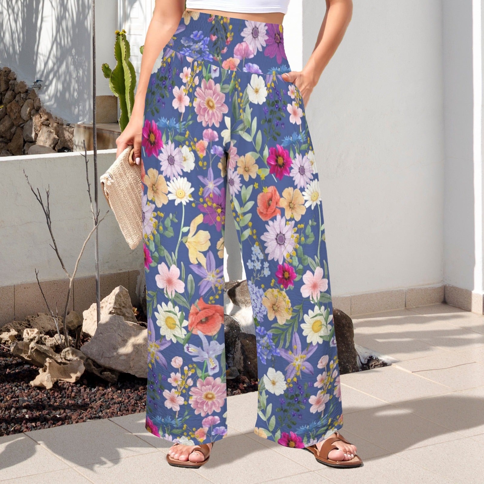 Blue Colourful Floral High Elastic Waist Pants with Wide Legs up to 5 XL 1