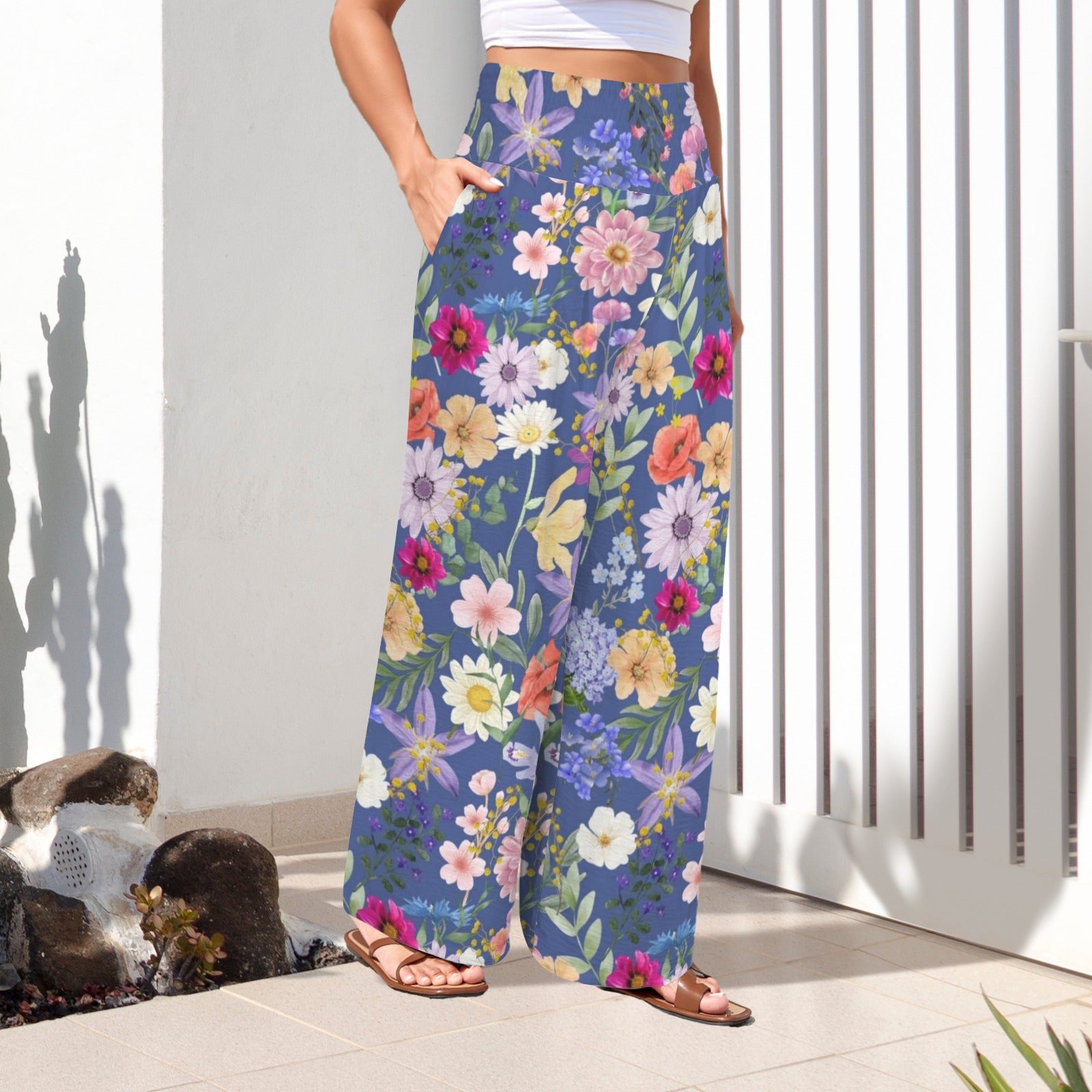 Blue Colourful Floral High Elastic Waist Pants with Wide Legs up to 5 XL 2