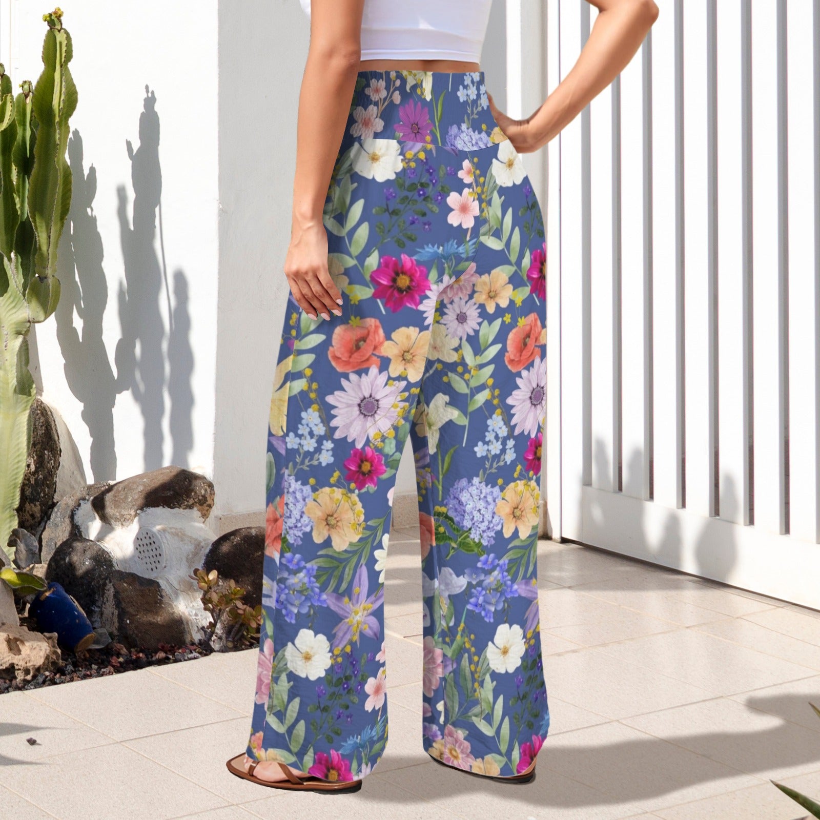 Blue Colourful Floral High Elastic Waist Pants with Wide Legs up to 5 XL 3