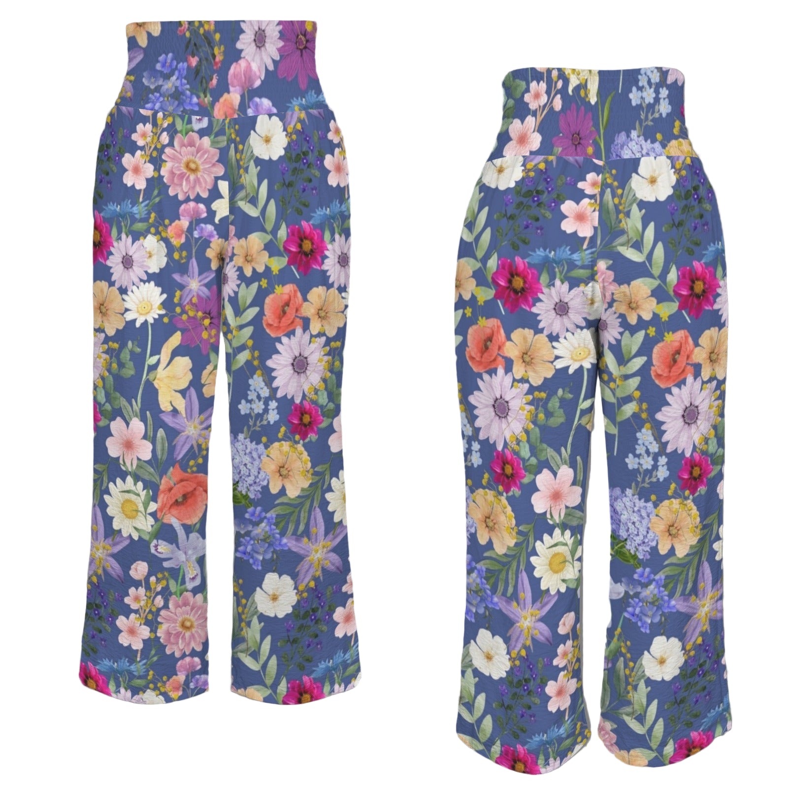 Blue Colourful Floral High Elastic Waist Pants with Wide Legs up to 5 XL 4