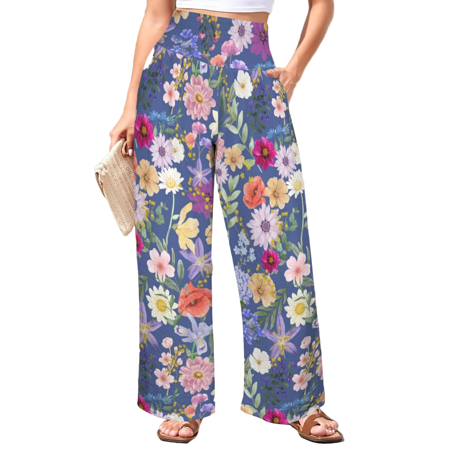 Blue Colourful Floral High Elastic Waist Pants with Wide Legs up to 5 XL white