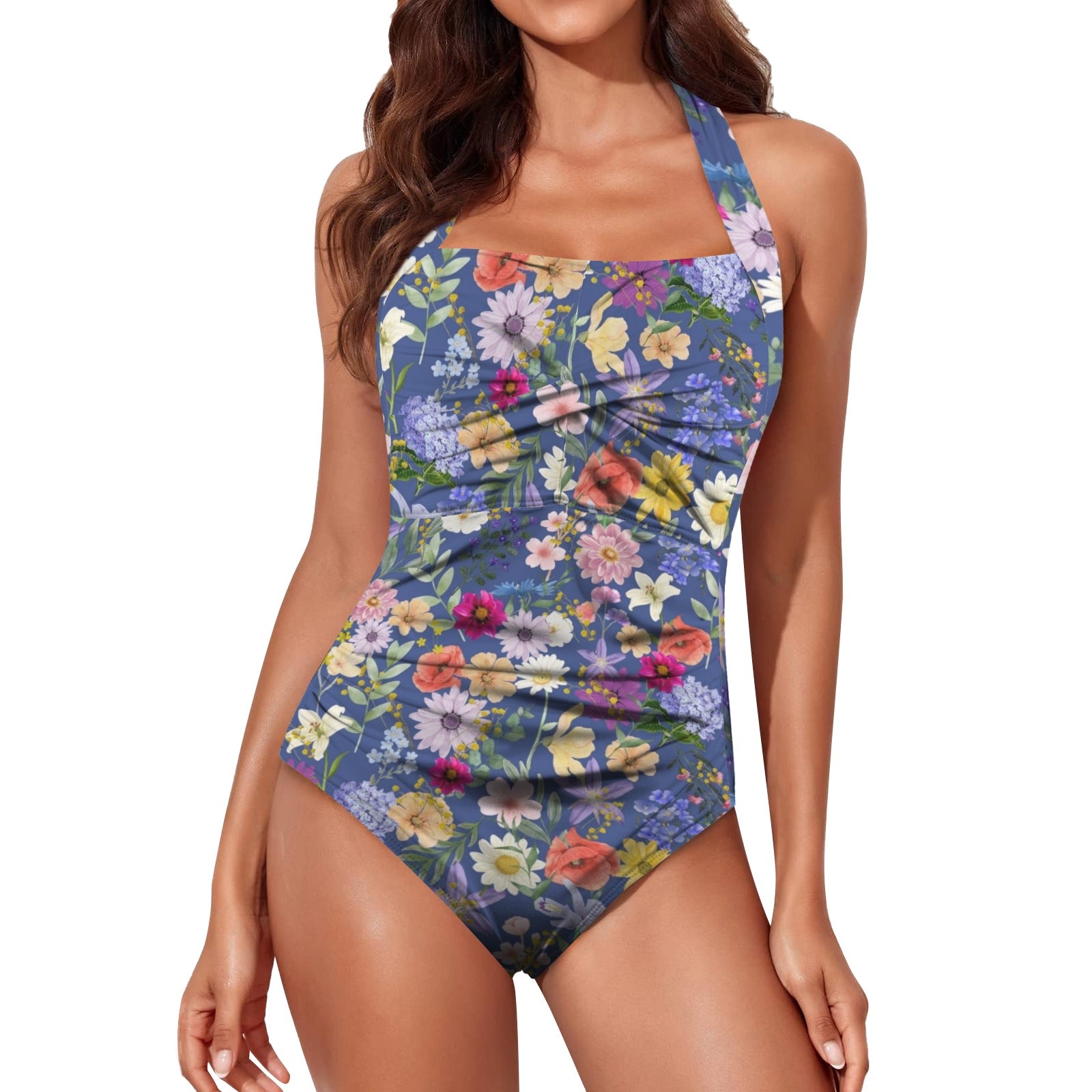 Blue Colourful Floral Women's Ruched Halter Neck Swimsuit up to 5 XL (FWS) 1