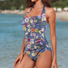 Blue Colourful Floral Women's Ruched Halter Neck Swimsuit up to 5 XL (FWS) 2