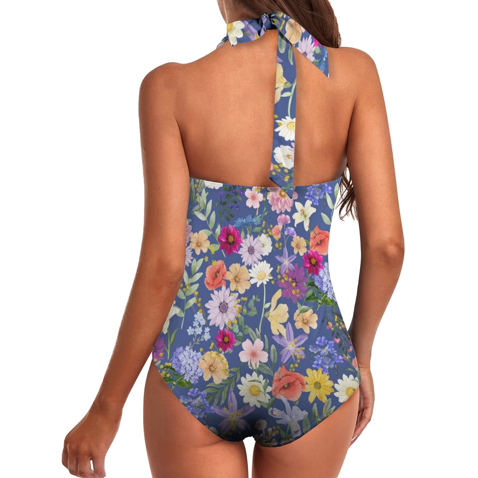 Blue Colourful Floral Women's Ruched Halter Neck Swimsuit up to 5 XL (FWS) 4