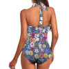 Blue Colourful Floral Women's Ruched Halter Neck Swimsuit up to 5 XL (FWS) 4