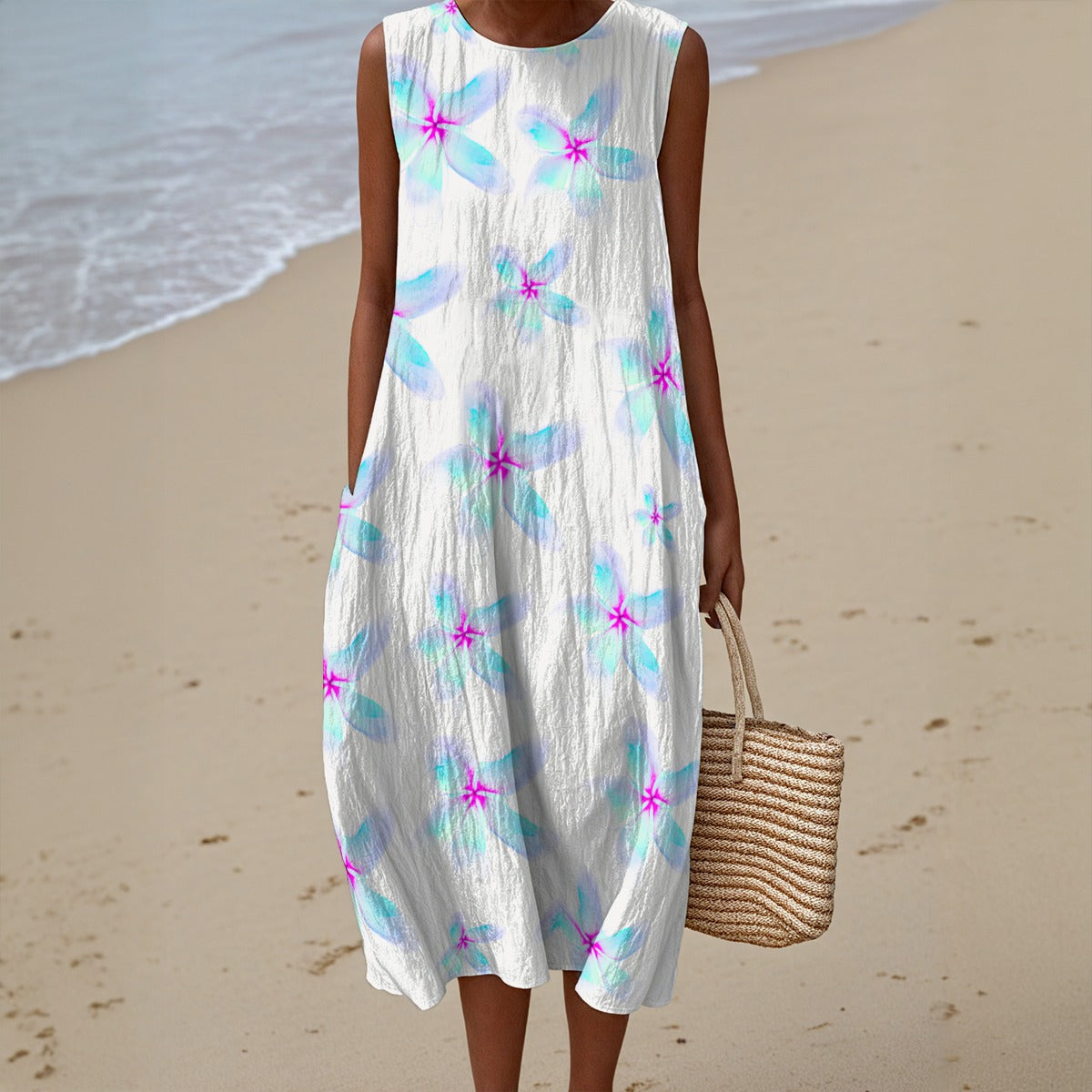 Blue Frangipanis Sleeveless Dress | 125GSM Slub Cotton up to 5 XL 1