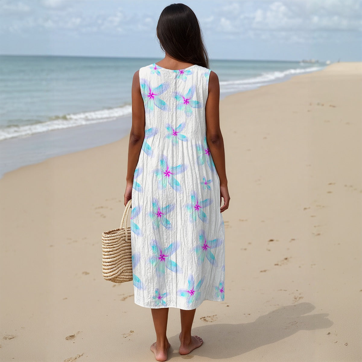 Blue Frangipanis Sleeveless Dress | 125GSM Slub Cotton up to 5 XL 2