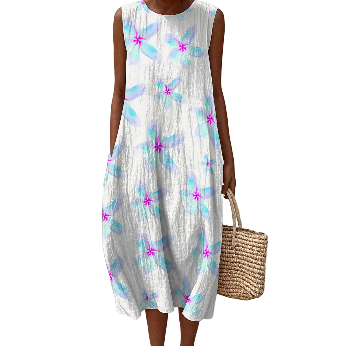 Blue Frangipanis Sleeveless Dress | 125GSM Slub Cotton up to 5 XL white