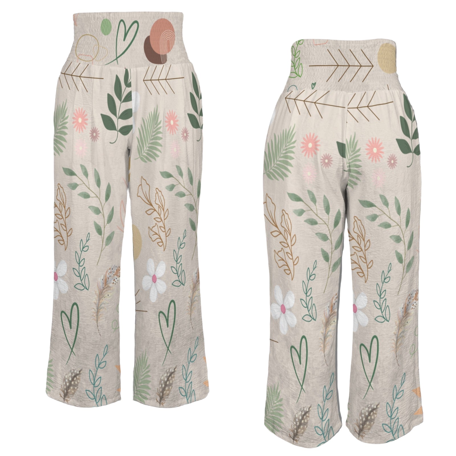 Boho Beige High Elastic Waist Pants with Wide Legs up to 5 XL 4