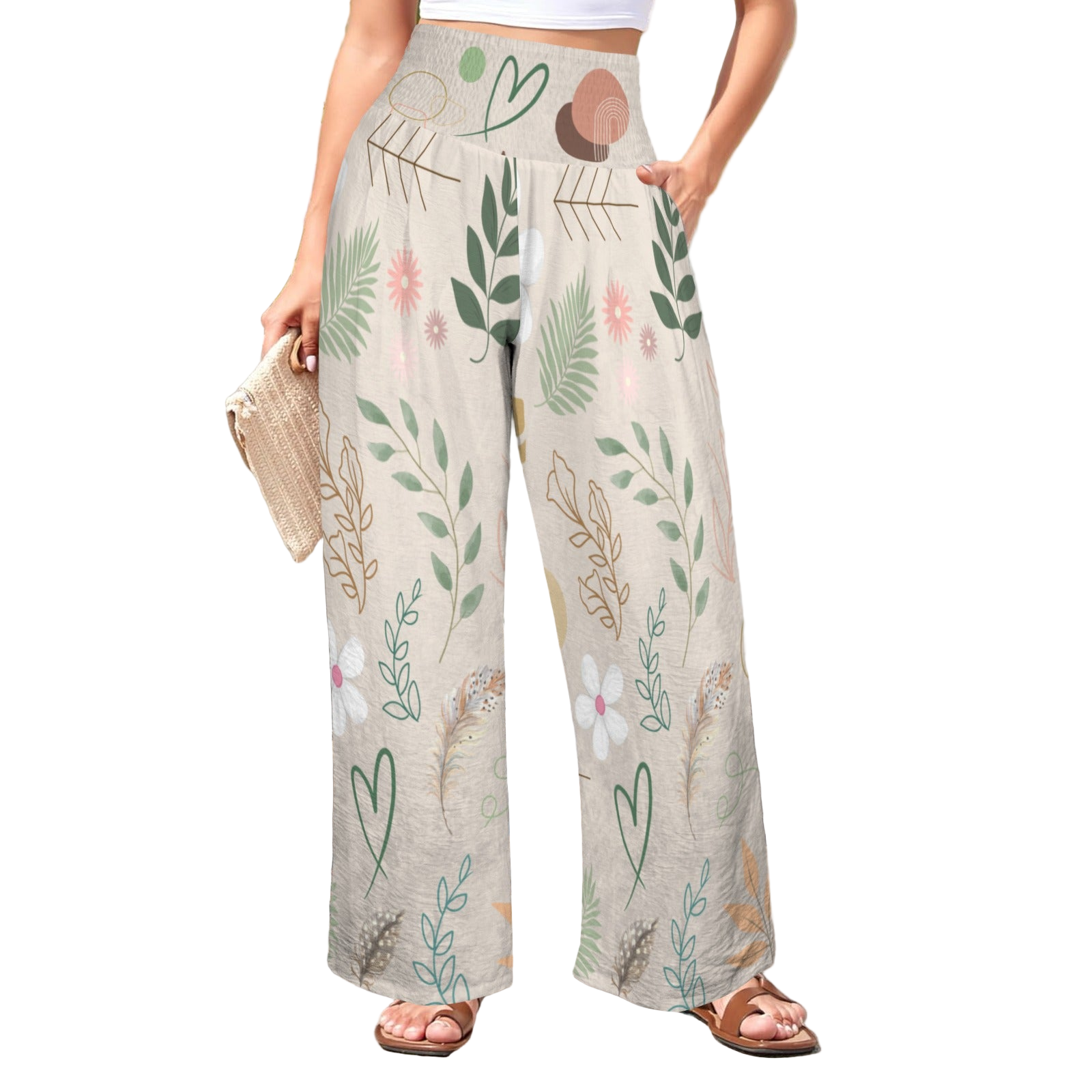 Boho Beige High Elastic Waist Pants with Wide Legs up to 5 XL white